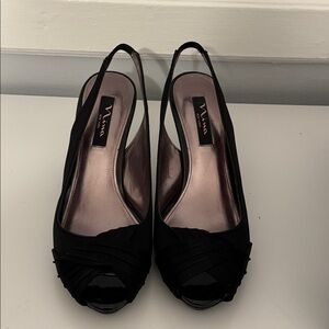 Nina New York Black Satin Peep-Toe Sling-Back Heels